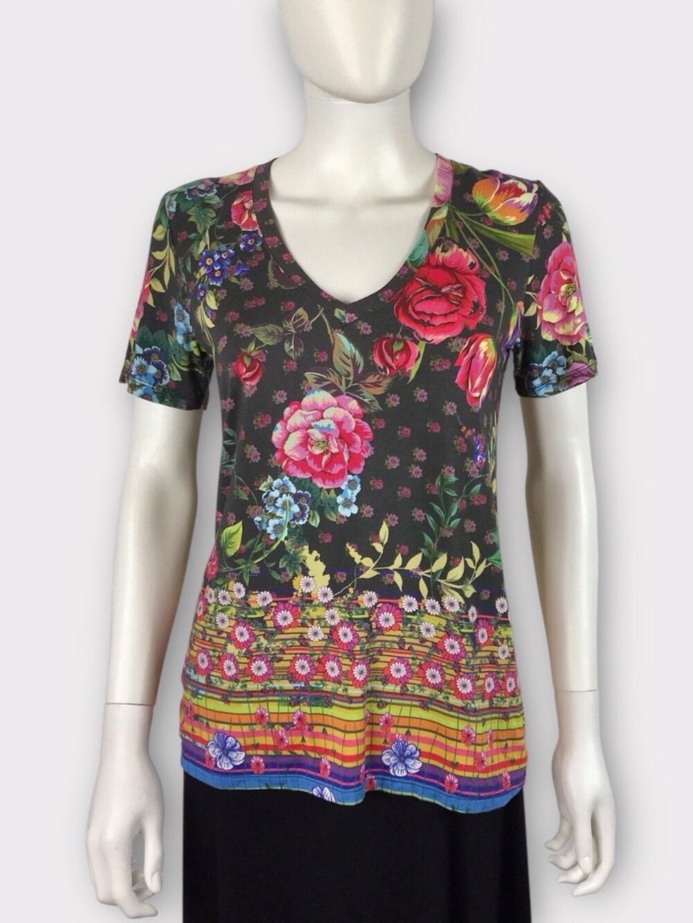 Johnny Was Black & Pink Rose Tee Floral Short-Sleeve Boho Naomi Top
